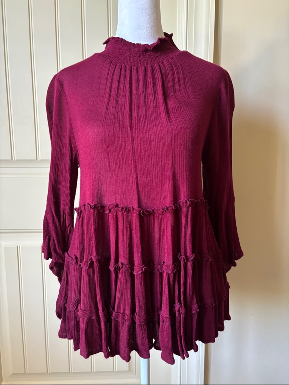 ANDREE BY UNIT Wine Ruffle-Tiered Mock Neck Blouse